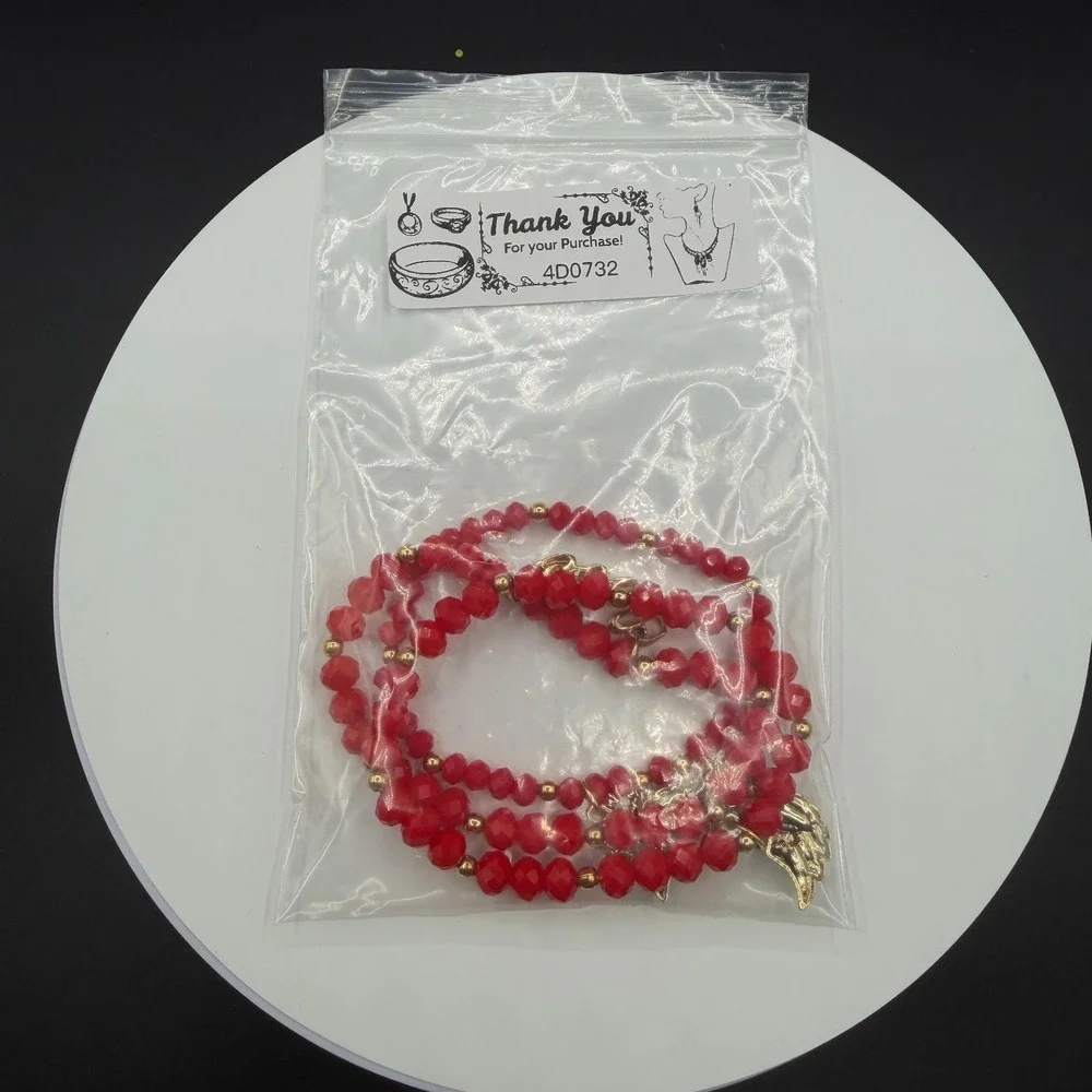 3 Pcs Red Faceted Bead Wrap Bracelet Gold Tone Winged Heart Love Tree Charm Gift